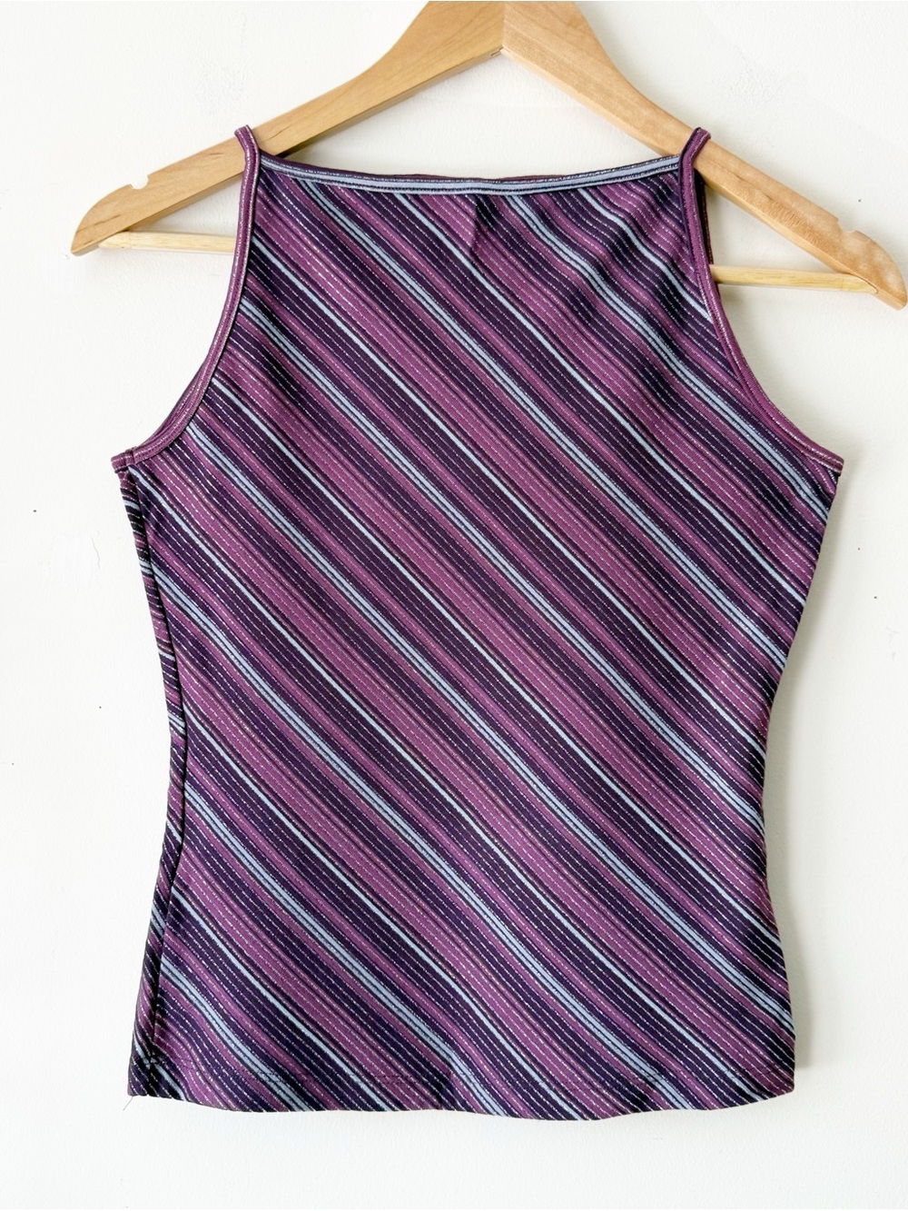 Vintage Y2K Purple Metallic Glitter Striped Halter High Neck Tank Top Size Large